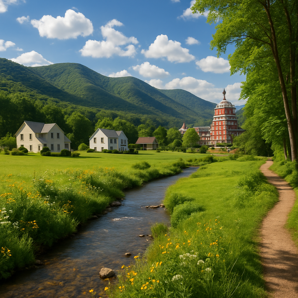 The image depicts a picturesque landscape of the Warm Springs Valley in Virginia showcasing lush green mountains under a bright blue sky dotted with fluffy white clouds In the foreground a serene creek winds its way through the property flanked by wi